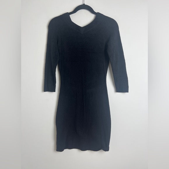 BEBE Y2K Retro Black Gold Rhinestone Spell Out V-Neck 3/4 Sleeve Sweater Dress S - Picture 3 of 9